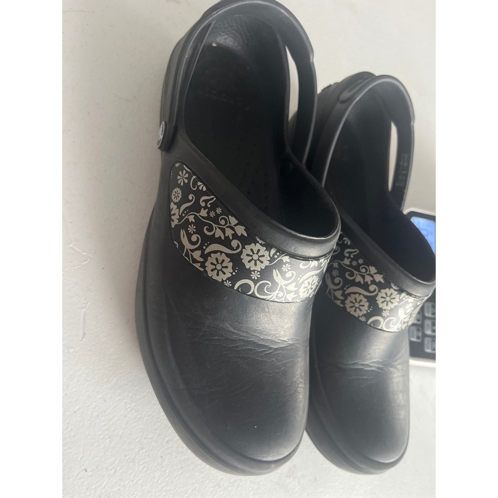 Crocs Mercy Work Clog Womens 10 Black Silver Floral Slip Resistant Nursing Shoes
